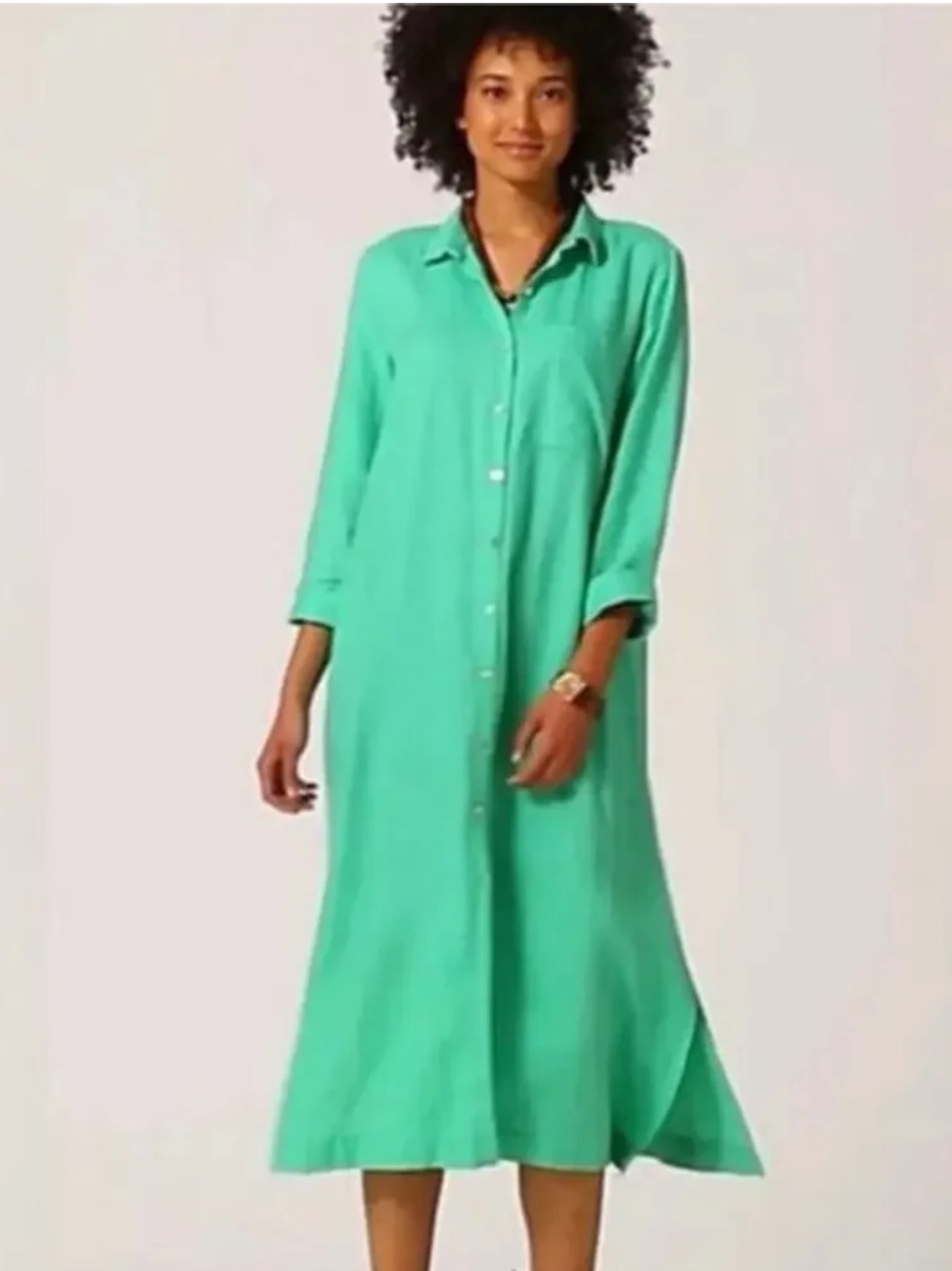J Jill Love Linen Button Front 3/4 Sleeve Midi Shirt Dress Medium Green Pockets